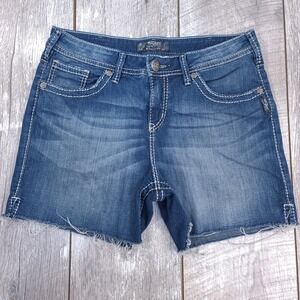 Silver Jeans Natsuki Shorts Women W32 Blue Denim Raw Hem Contrast Stitch